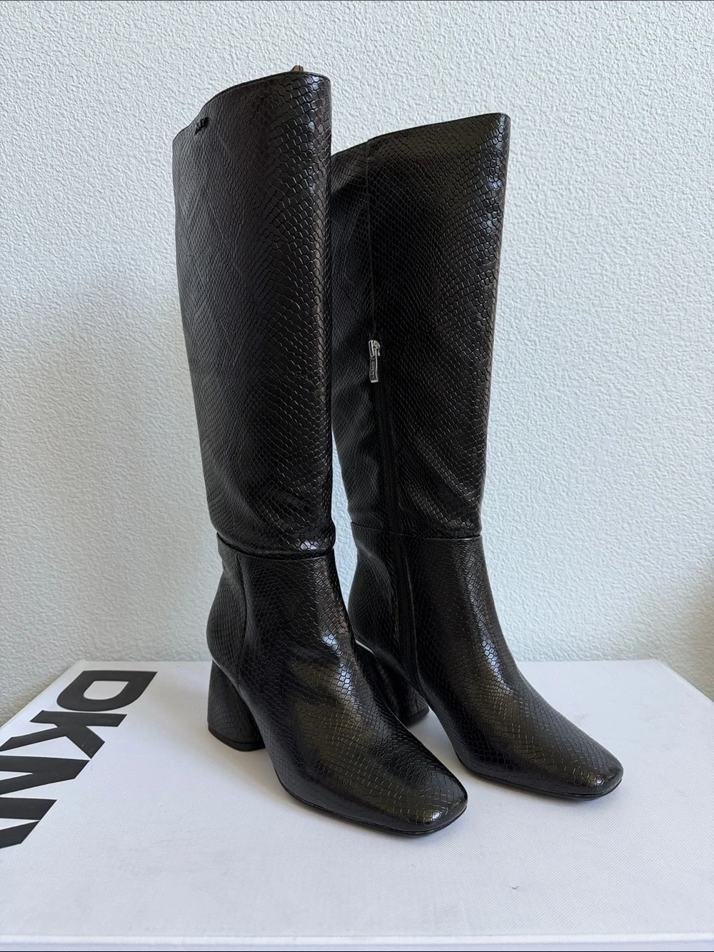 DKNY Women’s Cana Wide Calf Boots Black Snake NIB
